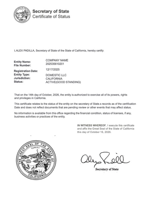 USA California certificate of good standing Word and PDF template, version 2